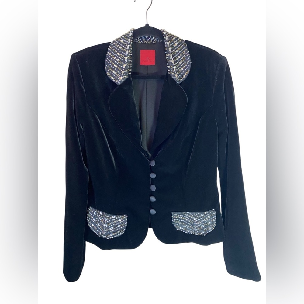 JS COLLECTION VELVET RHINESTONE CRYSTAL SATIN BUTTON CROP BLAZER L